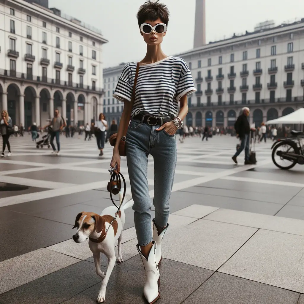 Photo of a woman with a pixie cut, donning oversized sunglasses, a striped tee, skinny jeans, and white cowboy boots.