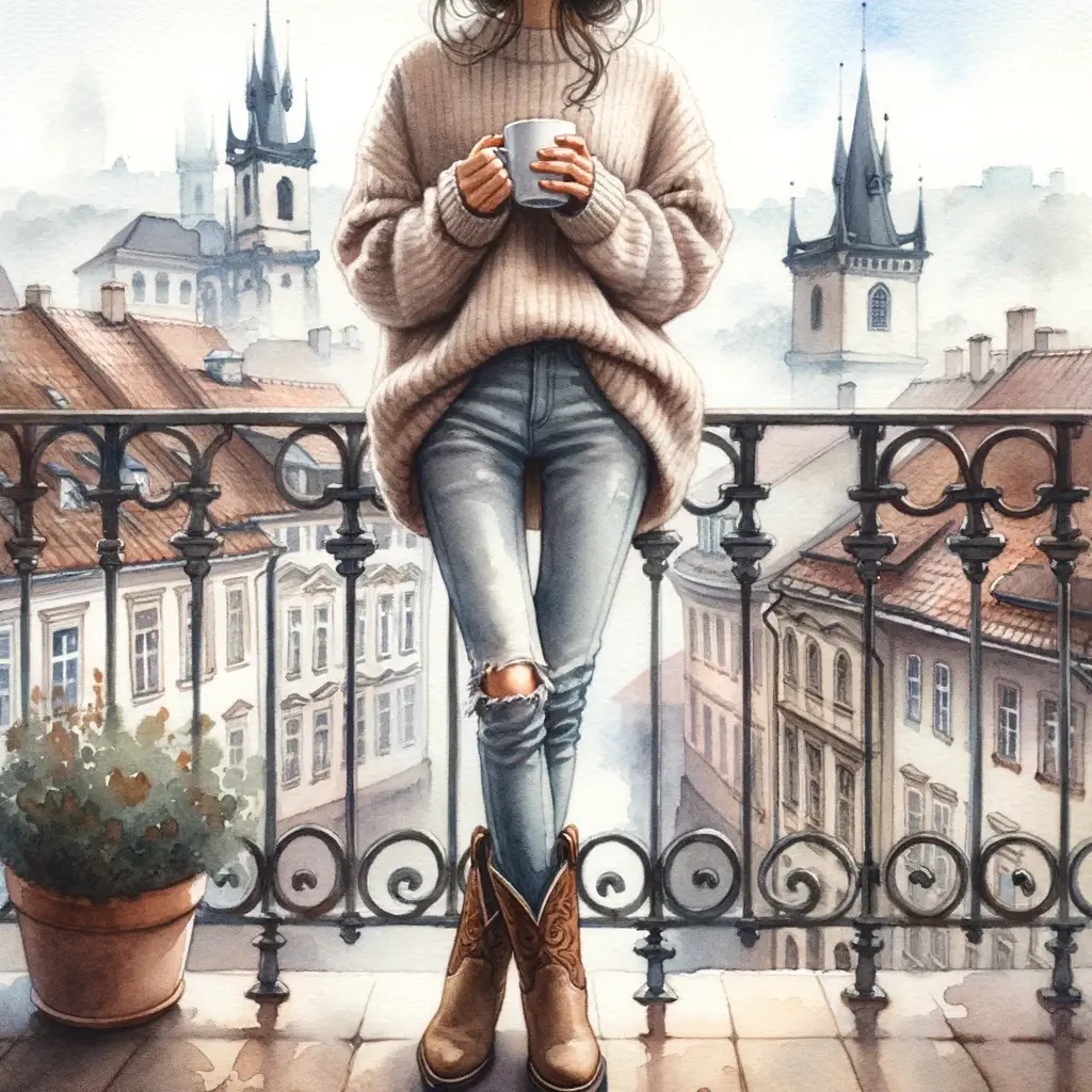 a woman in a cozy sweater, skinny jeans, and cowboy boots, holding a cup of tea. She stands on a balcony